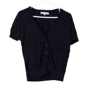 Ann Taylor Loft Petites Womens MP Top Black Stretch Button Up Cotton Lightweight